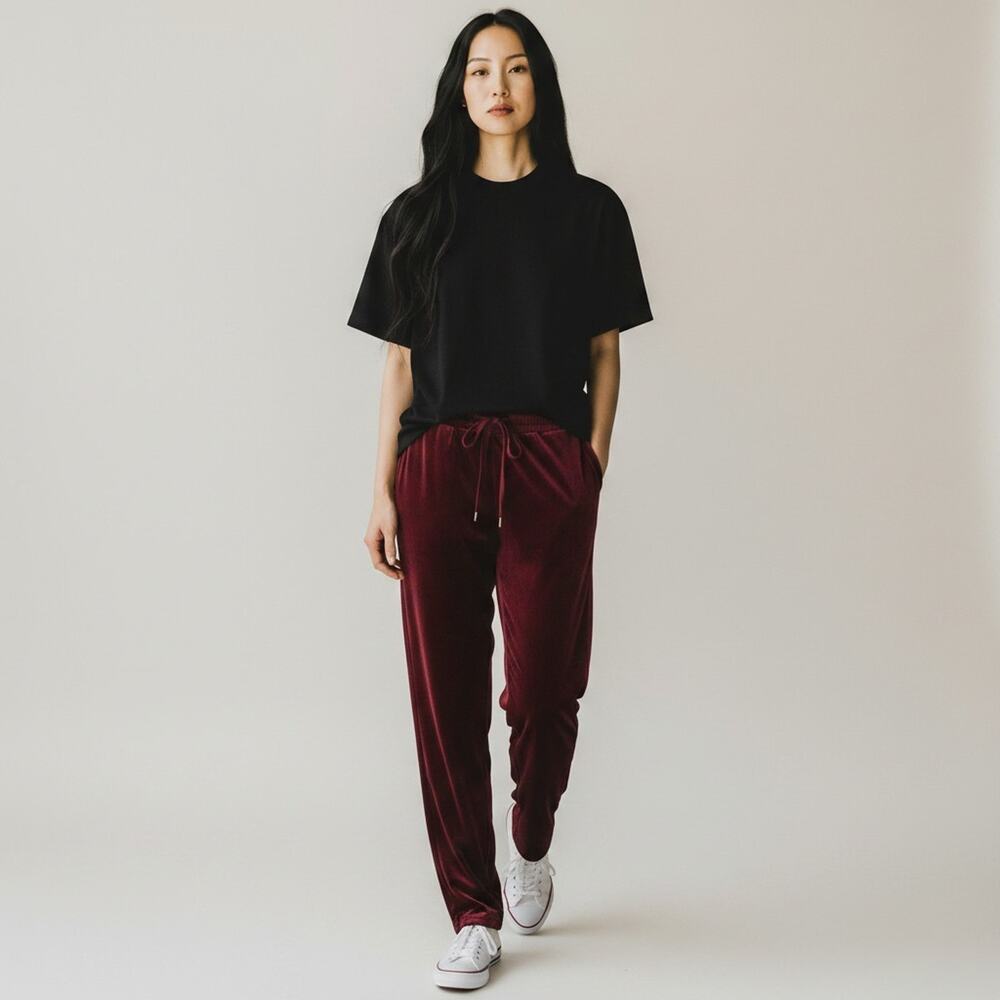 HIP Burgundy Velvet Jogger Pants XS Elastic Waist Poly Spandex Stretch